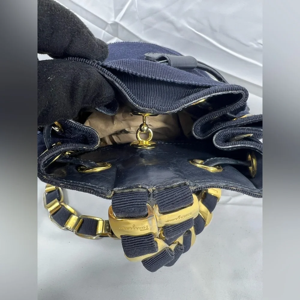 3130: Vintage Salvatore Ferragamo Navy Grosgrain Chain Backpack